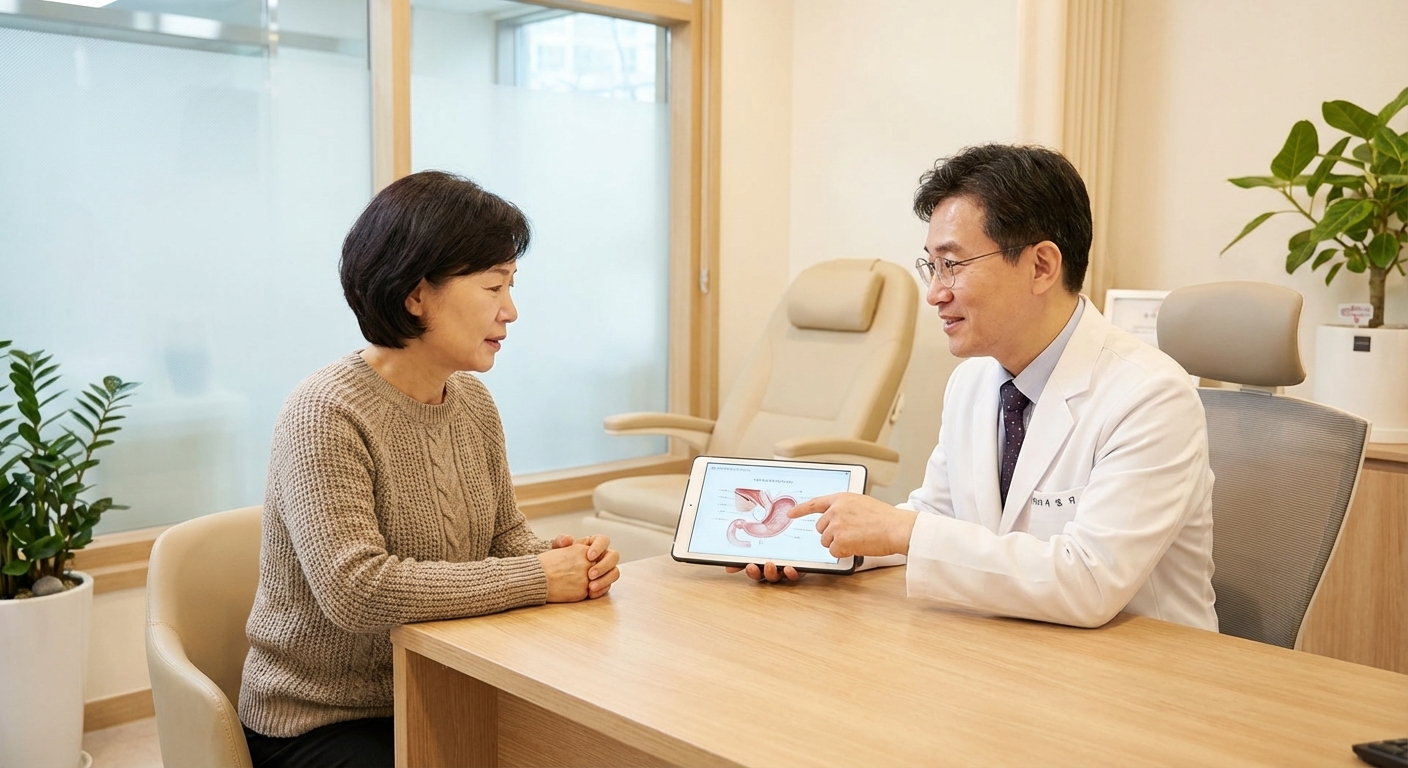 중년 여성 환자가 진료실에서 의사에게 폐경 후 호르몬 치료 시기에 대한 설명을 듣고 있는 모습입니다.