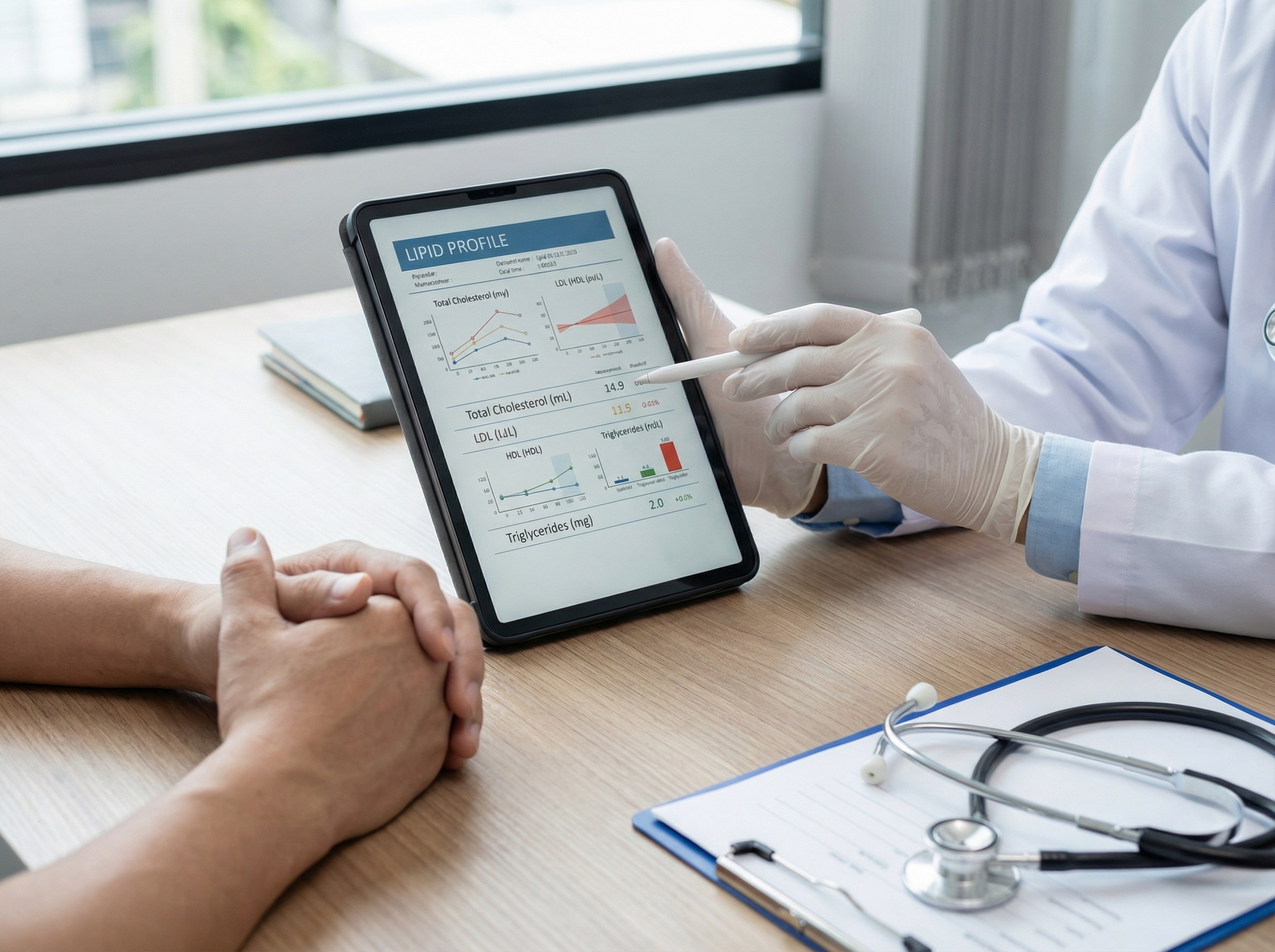 따뜻한 조명의 진료실에서 25년 경력의 산부인과 전문의가 환자의 의무기록 차트를 신중하게 검토하며 리비알 고지혈증 영향을 분석하고 있는 모습.