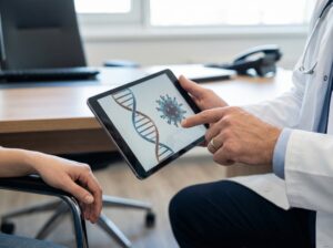 산부인과 진료실에서 전문의가 디지털 태블릿을 활용하여 환자에게 헤르페스 바이러스의 구조와 정확한 검사 과정에 대해 의학적 근거를 바탕으로 설명하는 모습입니다.