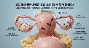 25년 차 산부인과 전문의가 3D 자궁 모델을 통해 자궁내막증 병변, 난소 낭종, 섬유성 유착의 위치와 불임 기전을 설명하는 의료용 교육 이미지.