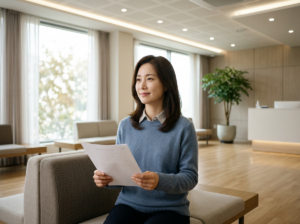 산부인과 대기실에서 HPV 검사 결과지를 차분하게 살펴보는 한국 여성